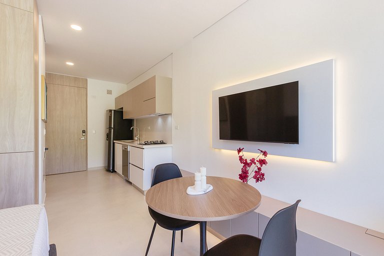 Modern apartment with balcony and mountain view